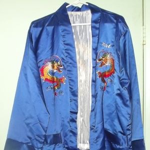 Men's Blue Silk Kimono with embroidered Dragons